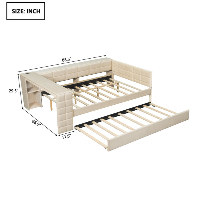 Giga upholstered platform trundle bed with built-in storage shelves, desk, charging station, and pull-out trundle for versatile sleeping space