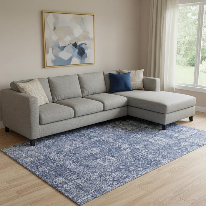 10' X 14' Floral Washable Area Rug With UV Protection (653404) - Navy Blue / Ivory