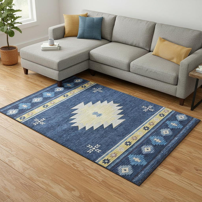 10' X 14' Geometric Washable Area Rug With UV Protection (645684) - Blue / Ivory / Gold