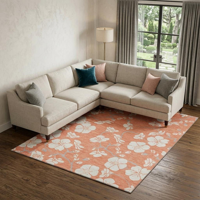 10' X 14' Floral Washable Area Rug With UV Protection (681029) - Coral / Ivory
