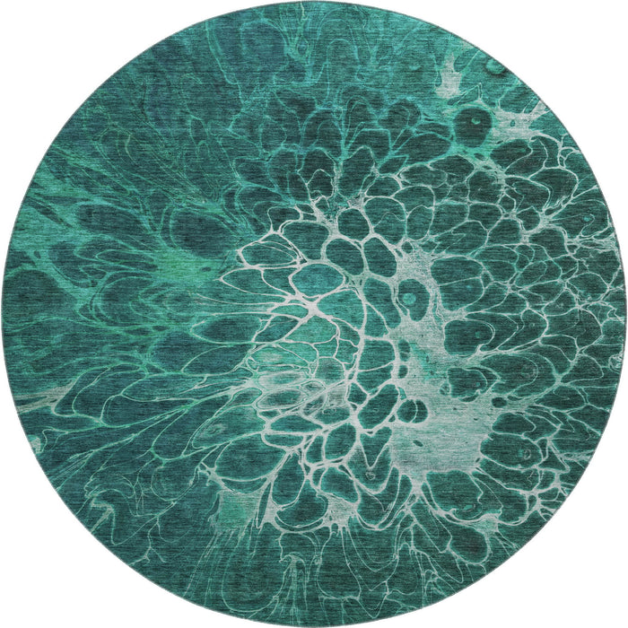 8' Abstract Washable Round Rug With UV Protection (654587) - Teal / Ivory