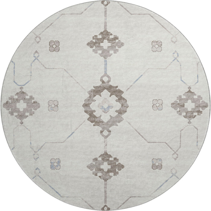 8' Floral Medallion Washable Round Rug With UV Protection - Taupe And Ivory