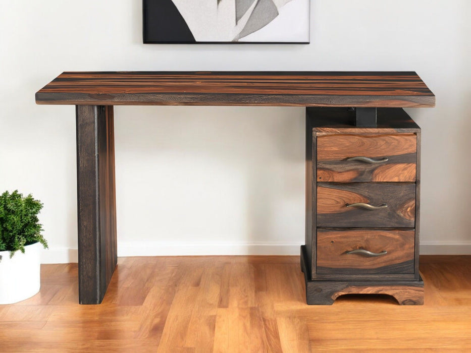 54" Solid Wood Writing Desk With Three Drawers - Dark Brown And Light Brown