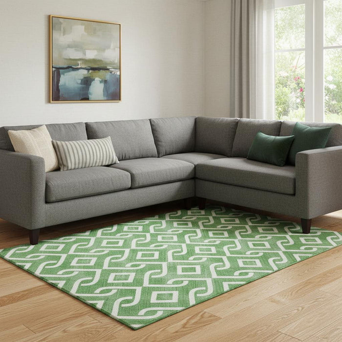 10' X 14' Geometric Washable Area Rug With UV Protection (652497) - Emerald / Ivory