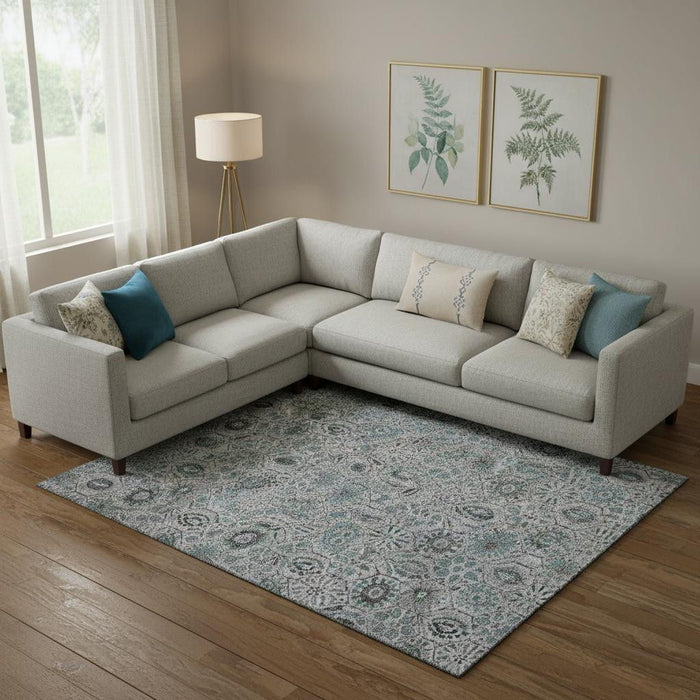 10' X 14' Floral Washable Area Rug With UV Protection (708679) - Teal / Gray / Silver