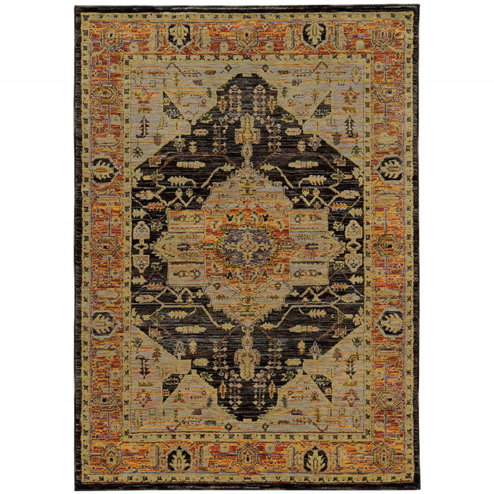 5' x 7' Oriental Power Loom Area Rug - Black And Gold