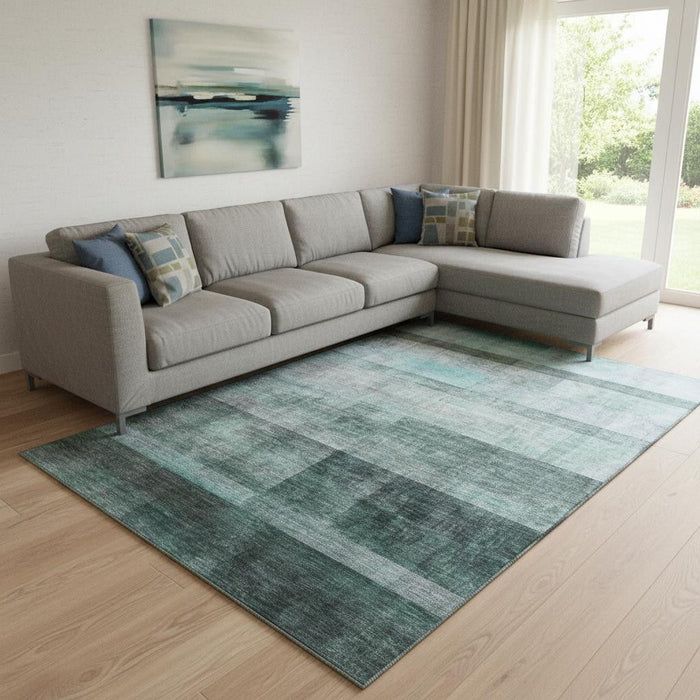 9' X 12' Abstract Washable Area Rug With UV Protection (649659) - Teal / Ivory