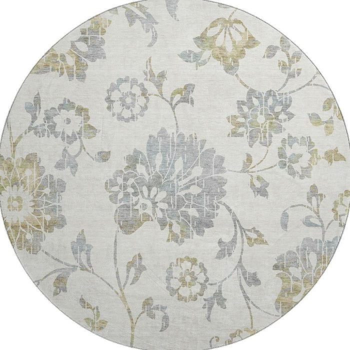 8' Floral Washable Round Rug With UV Protection (667918) - Ivory / Gray / Gold