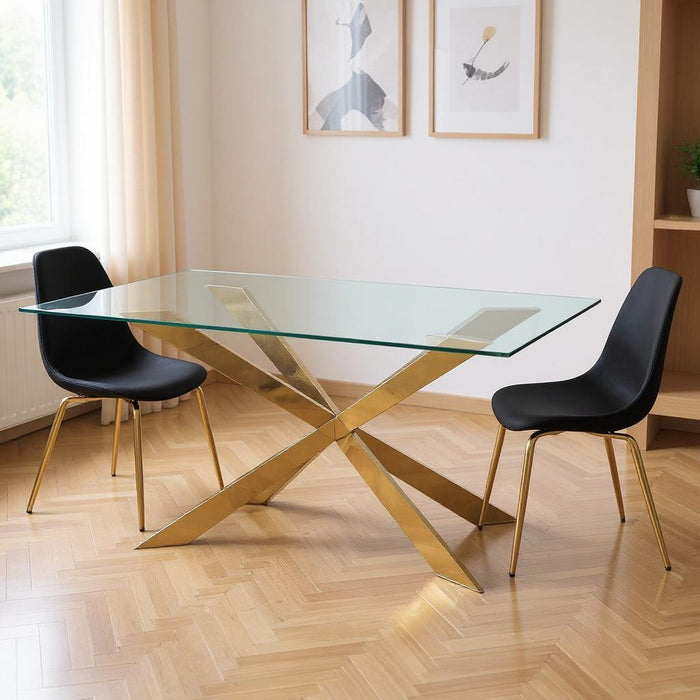 87" Glass And Metal Cross Leg Base Dining Table - Clear / Gold