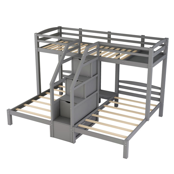 Gray Giga twin over twin bunk bed with built-in staircase and storage drawers, showcasing the sturdy structure and spacious design.