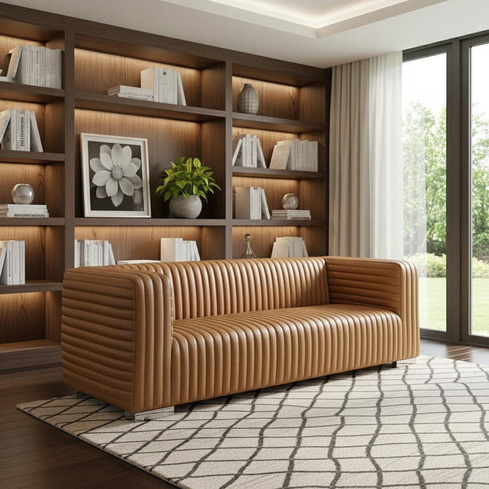 Leather And Solid Wood Sofa - Brown