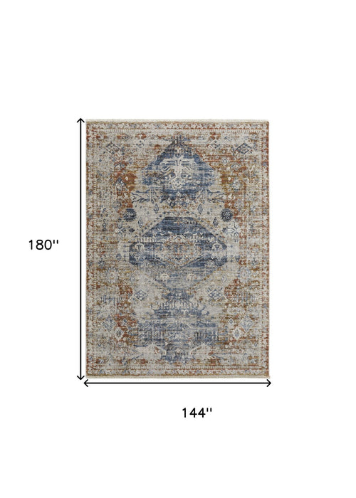 12' x 15' Floral Power Loom Distressed Area Rug With Fringe - Ivory Orange And Blue