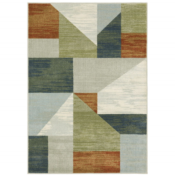 8' x 10' Geometric Power Loom Stain Resistant Area Rug - Gray Teal Blue Rust Green And Ivory