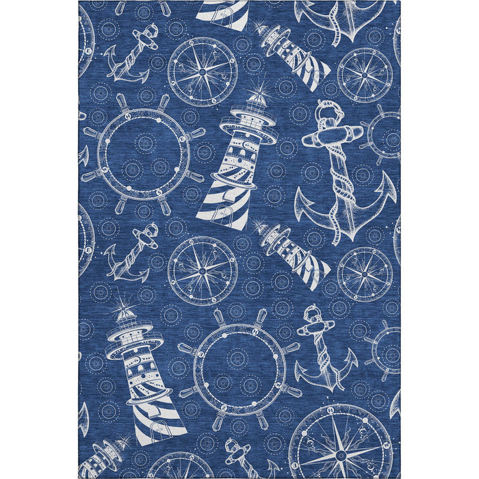 9' X 12' Nautical Washable Area Rug With UV Protection - Navy Blue And Ivory