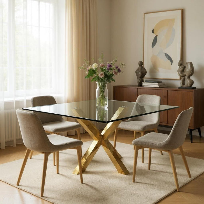 60" Glass And Metal Cross Leg Base Square Dining Room Table - Clear