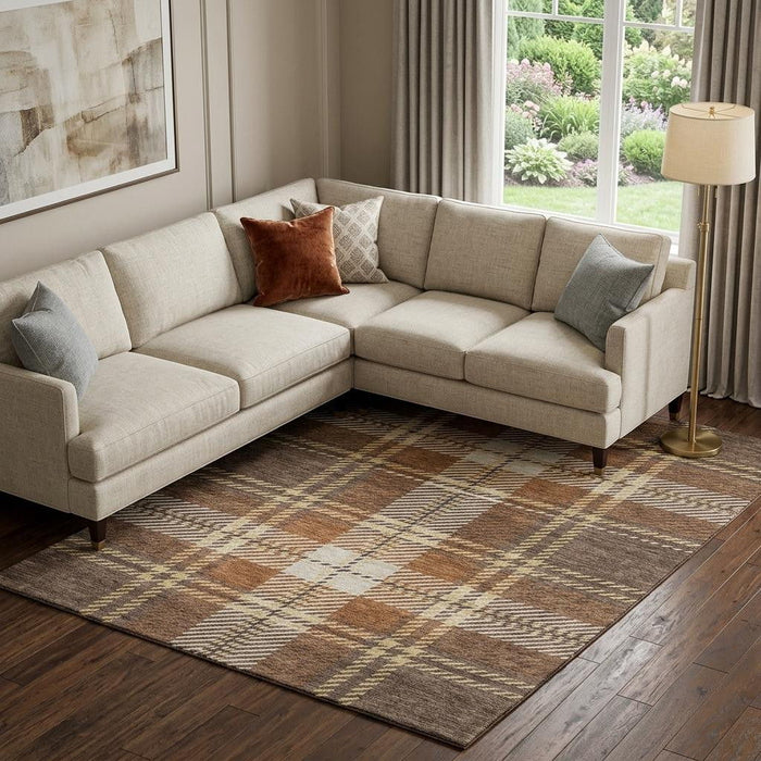 10' X 14' Plaid Washable Area Rug With UV Protection (674305) - Chocolate / Beige / Gold