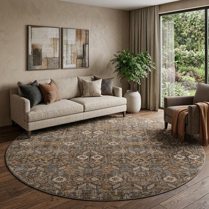 8' Tribal Washable Round Rug With UV Protection (649861) - Chocolate / Gray