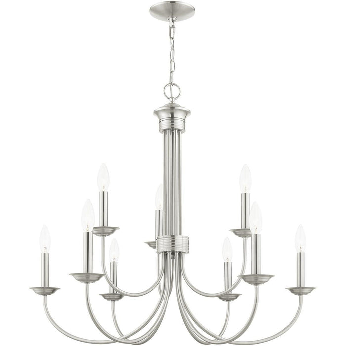 27" Nine Light Dimmable Chandelier With Shades - Nickel