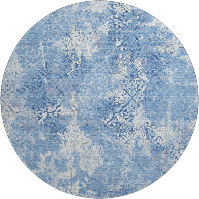 8' Abstract Washable Round Polyester Rug With UV Protection - Blue And Ivory