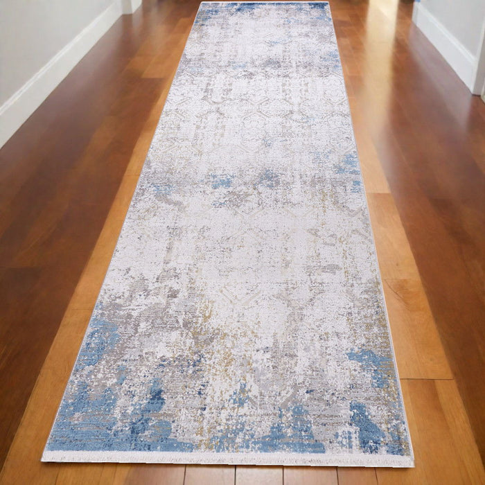 10' Industrial Abstract Power Loom Runner Rug With Fringe - Ivory