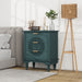 Giga blackish green hollow carved 3-drawer accent dresser with metal handles, ideal for living room or bedroom storage.