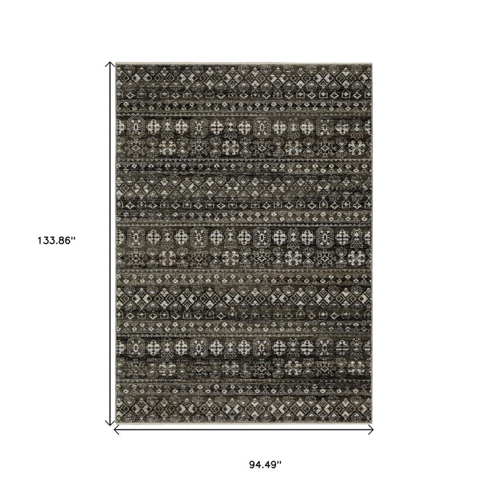 8' X 11' Tribal Area Rug With Fringe - Black And Gray