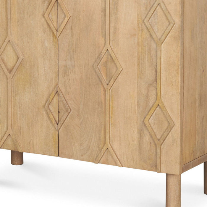36" Solid Wood Carved Geometric Accent Cabinet With Two Doors - Natural