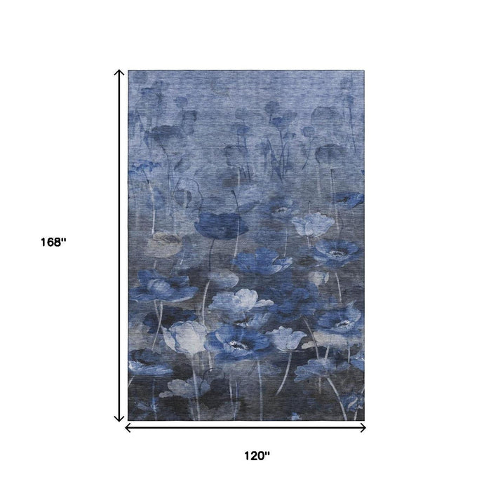 10' X 14' Floral Washable Area Rug With UV Protection (651268) - Blue / Ivory / Gray