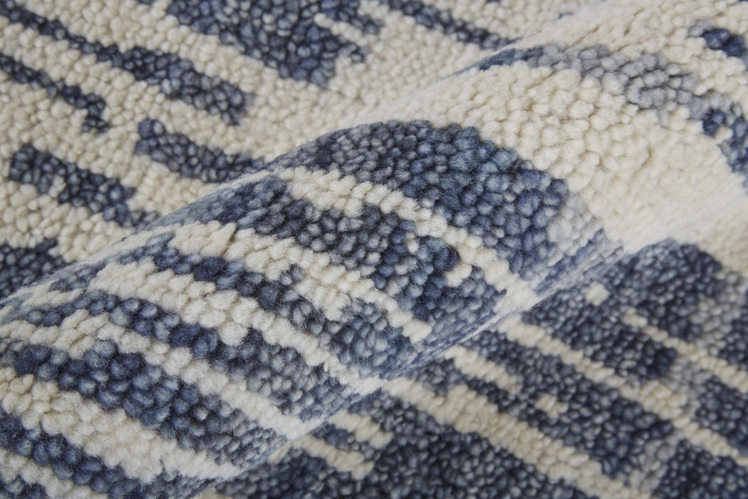 5' X 8' Wool Abstract Hand Knotted Area Rug With Fringe (744199) - Ivory / Blue