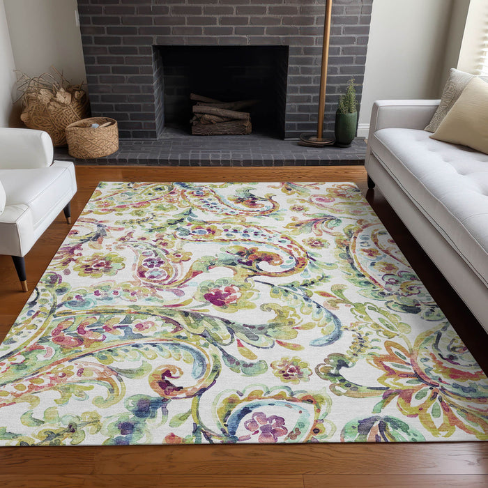 10' X 14' Paisley Washable Area Rug With UV Protection - Ivory