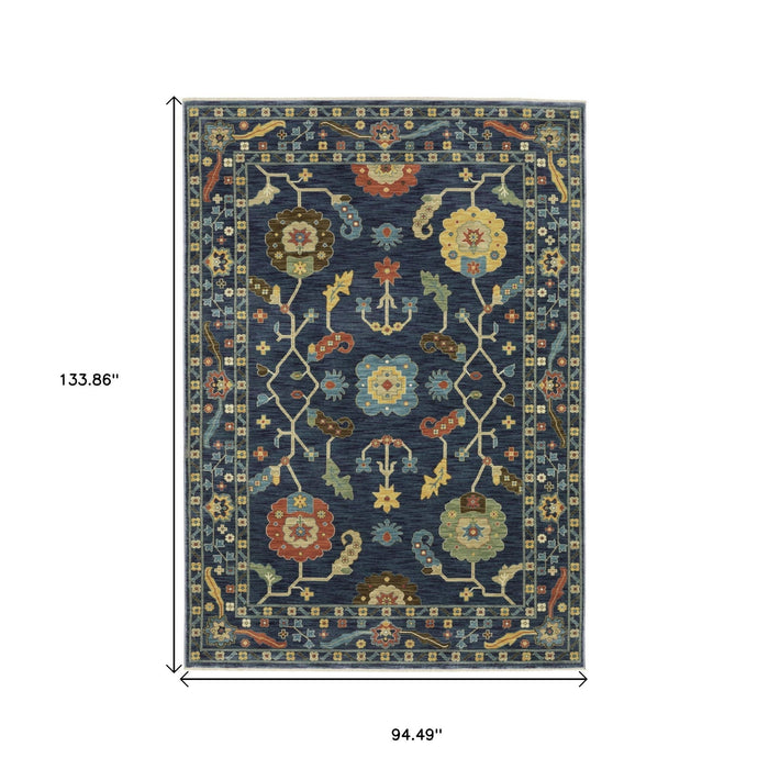 8' X 11' Oriental Area Rug With Fringe - Blue And Gold