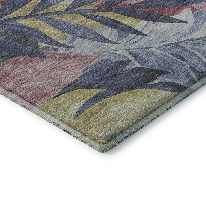 10' X 14' Floral Washable Area Rug With UV Protection (694020) - Denim Blue / Mauve / Gold