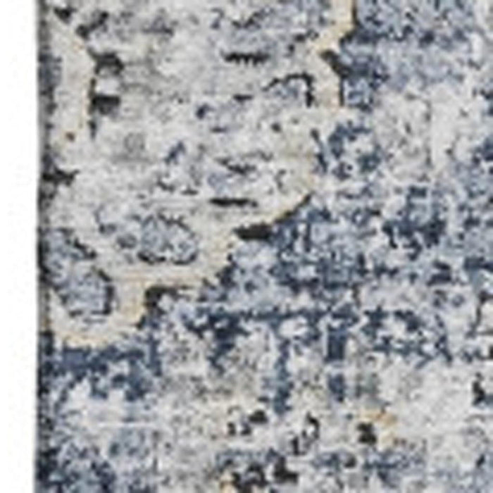 10' X 14' Floral Washable Area Rug With UV Protection (653218) - Navy Blue / Ivory