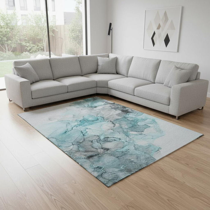 10' X 14' Abstract Washable Area Rug With UV Protection (647320) - Teal / Gray / Ivory