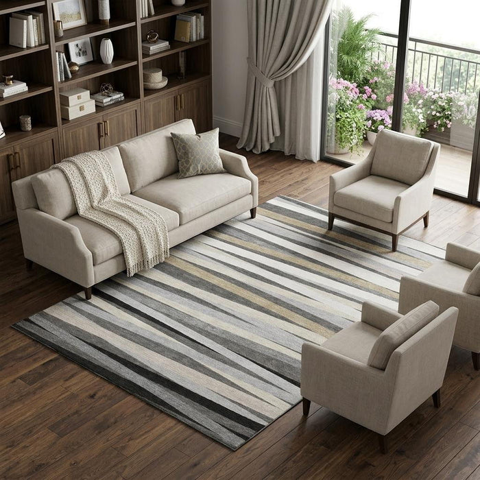 10' X 14' Striped Washable Area Rug With UV Protection (678490) - Gray / Silver / Beige