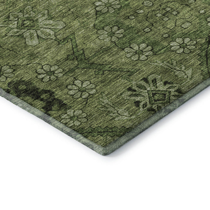 9' X 12' Floral Washable Area Rug With UV Protection (667251) - Olive Green / Gray