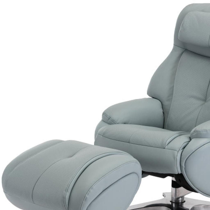 Baby blue tufted genuine leather recliner with manual swivel and matching ottoman by HomeRoots.