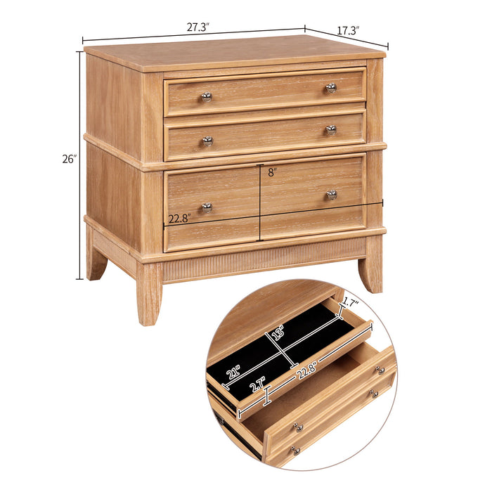 Giga Hazel accent chest with three drawers, solid wood construction, silver handles, natural finish, ideal for living room or hallway.