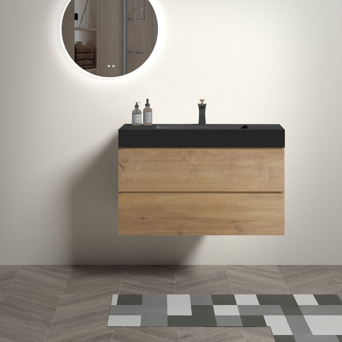 Giga Alice natural oak bathroom vanity with integrated sink, wall-mounted design, large storage, modern style, one-piece sink basin