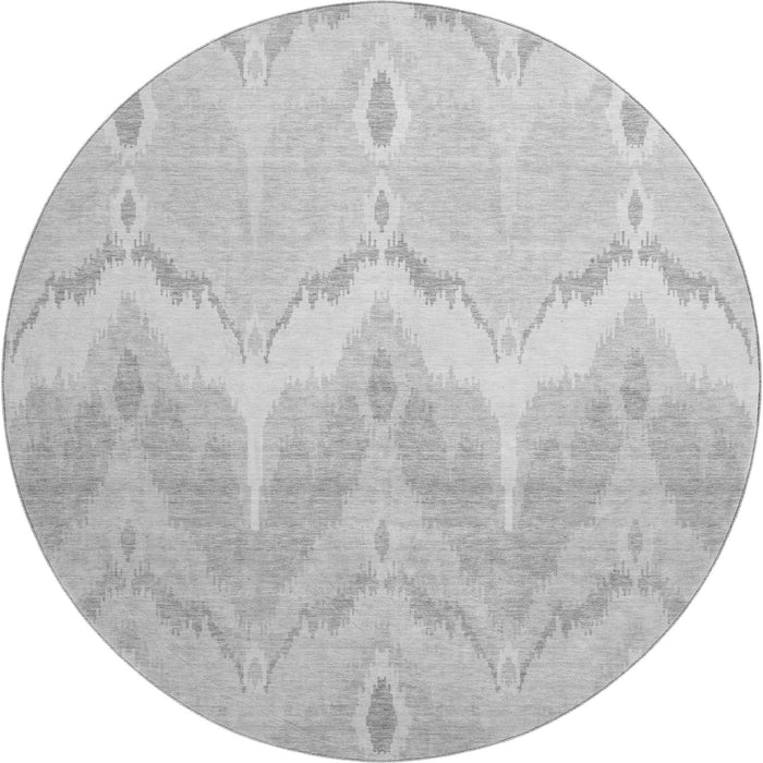 8' Ikat Washable Round Rug With UV Protection - Silver And Gray