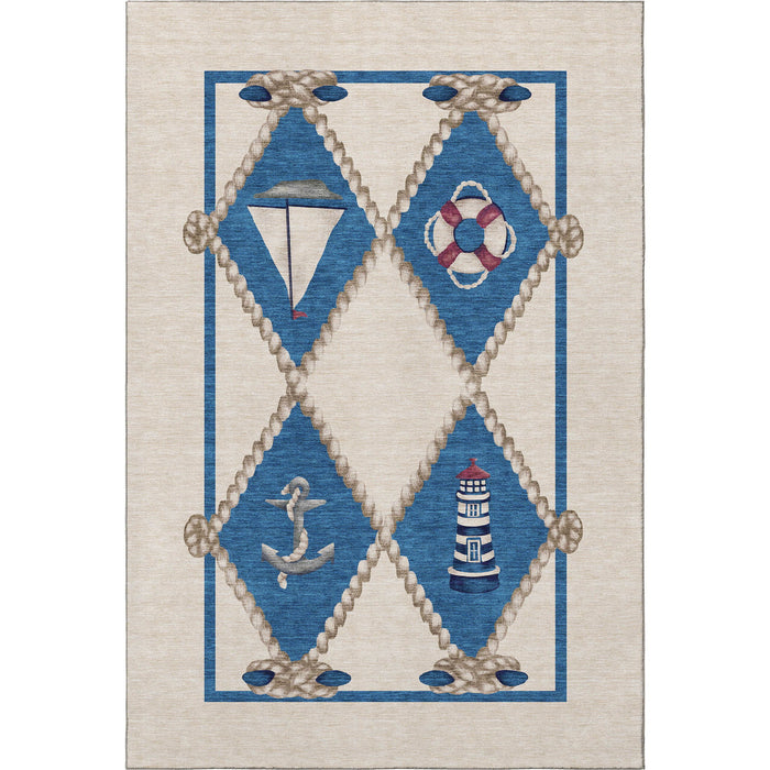 8' X 10' Nautical Washable Area Rug With UV Protection - Ivory And Red