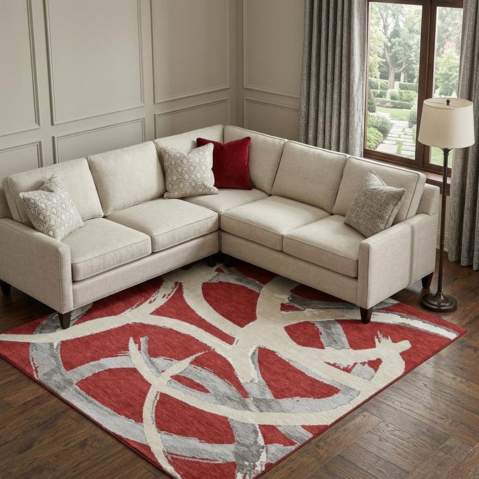 10' X 14' Abstract Washable Area Rug With UV Protection (680289) - Red / Ivory / Gray