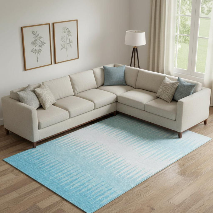 10' X 14' Striped Washable Area Rug With UV Protection (670435) - Sky Blue / Ivory