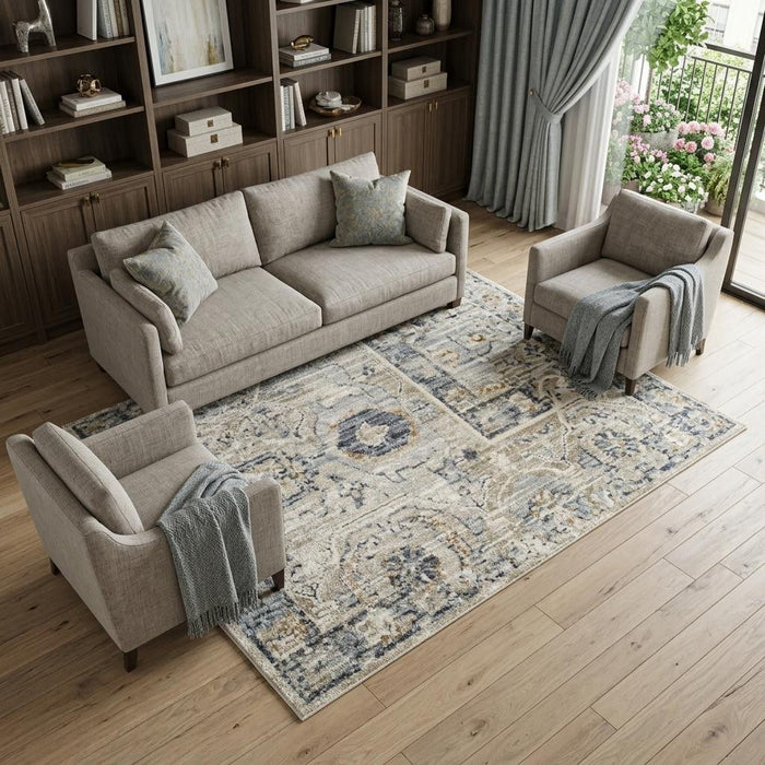 10' X 14' Floral Distressed Area Rug With Fringe (546451) - Ivory / Tan / Light Blue