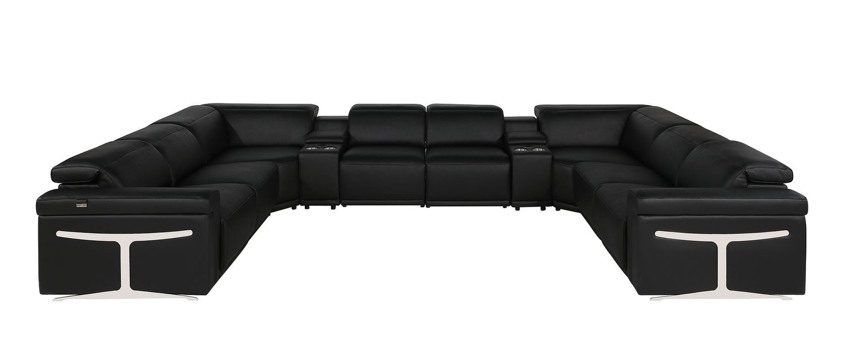 Italian Leather Power Reclining U Shaped Ten Piece Corner Sectional With Console - Black