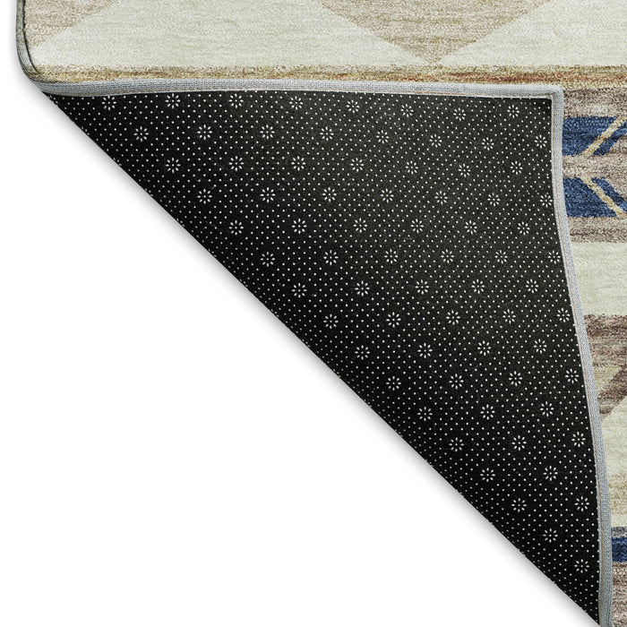 9' X 12' Geometric Washable Area Rug With UV Protection (645647) - Taupe / Ivory / Blue