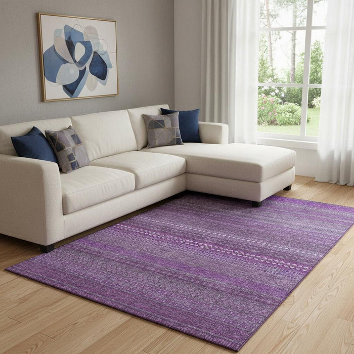 10' X 14' Striped Washable Area Rug With UV Protection (647500) - Eggplant / Ivory