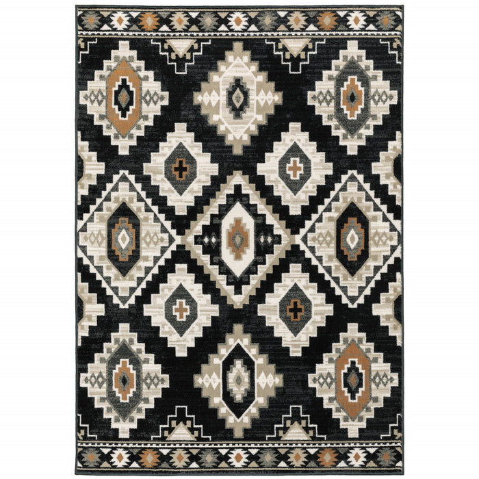 10' x 13' Southwestern Power Loom Stain Resistant Area Rug - Black Gray Tan Orange And Ivory