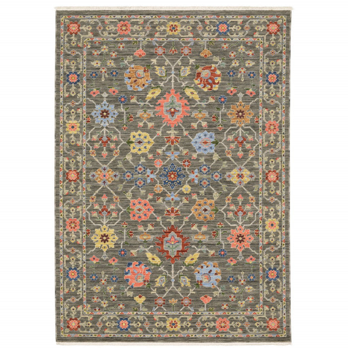 6' x 9' Oriental Power Loom Stain Resistant Area Rug With Fringe - Gray Salmon Pink Gold Blue Rust Deep Blue Ivory And Green