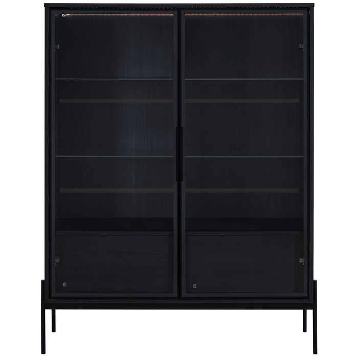 Modern minimalist Giga LED display cabinet with tempered glass door and metal legs, showcasing an elegant and sleek storage solution.